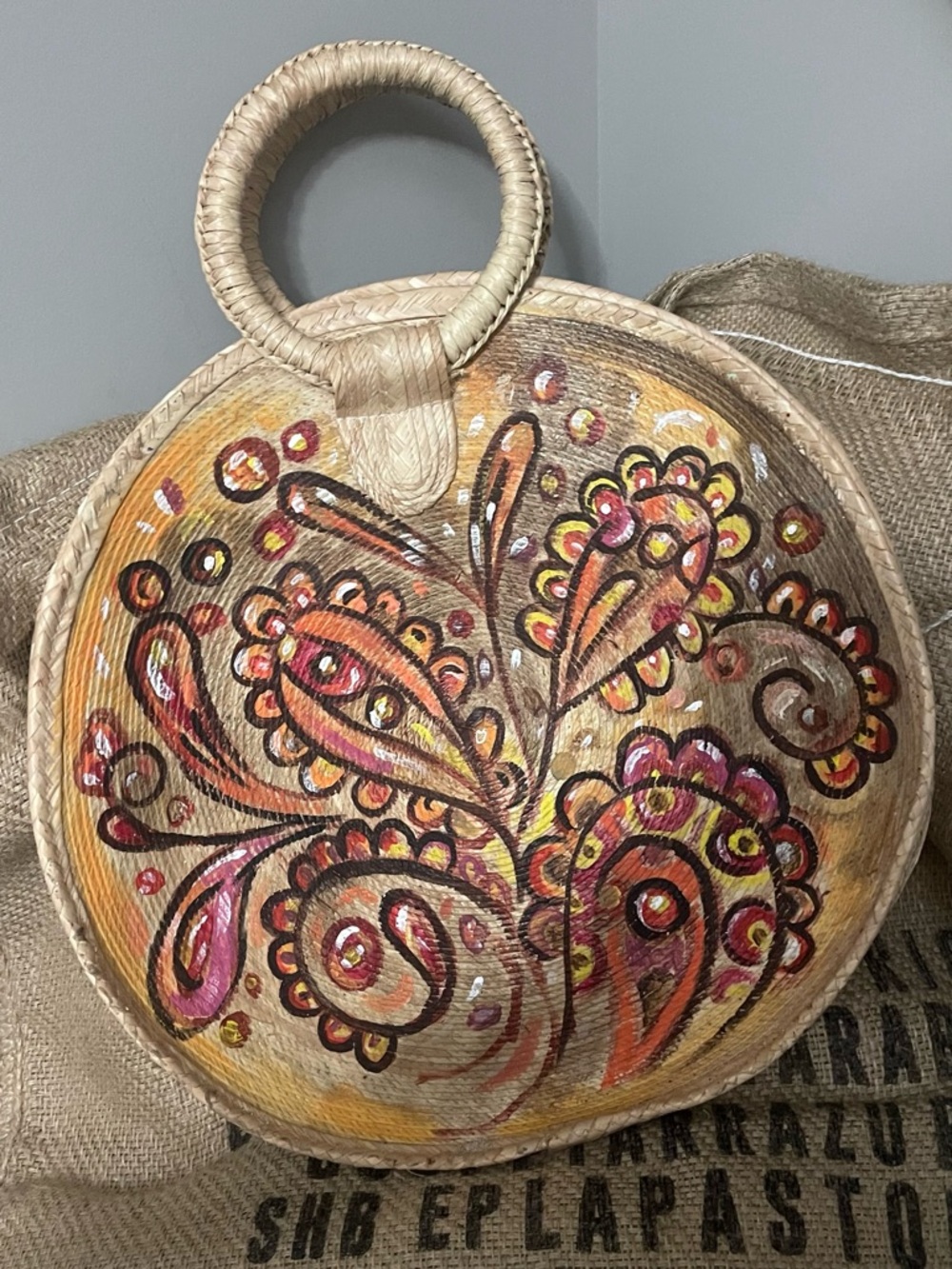 Hand-Painted Round Straw Tote Bag in Natural and Pink